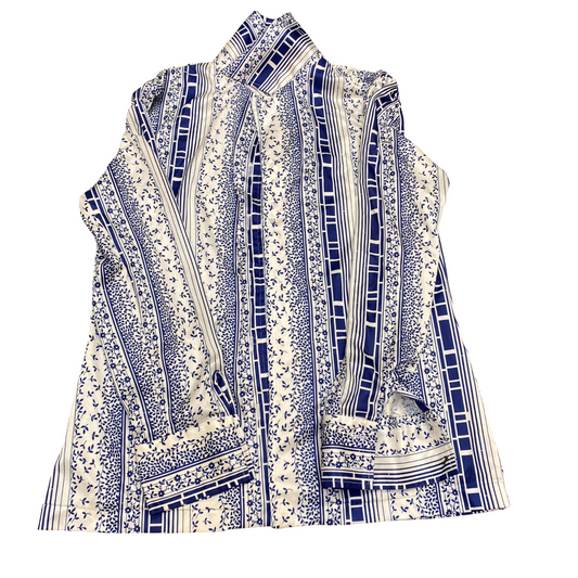 Womens Button Up Shirt M White Blue Floral Print Casual Long Sleeve Collared