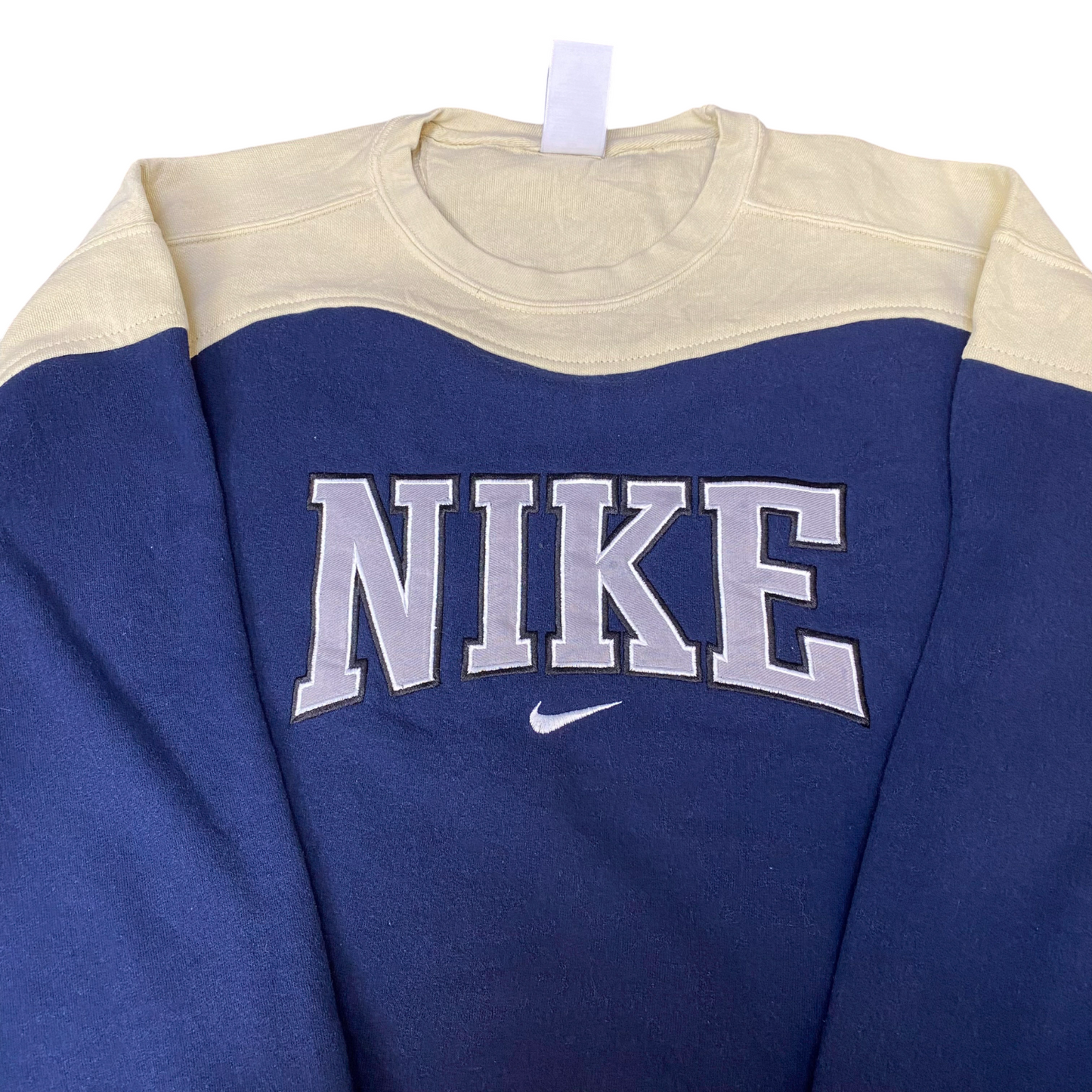 Nike Reworked Sweatshirt Men L Navy Yellow Embroidered Spellout Logo Vintage Y2K