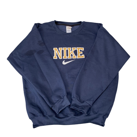 Nike Reworked Sweatshirt Mens L Navy Blue Embroidered Spellout Logo Vintage Y2K