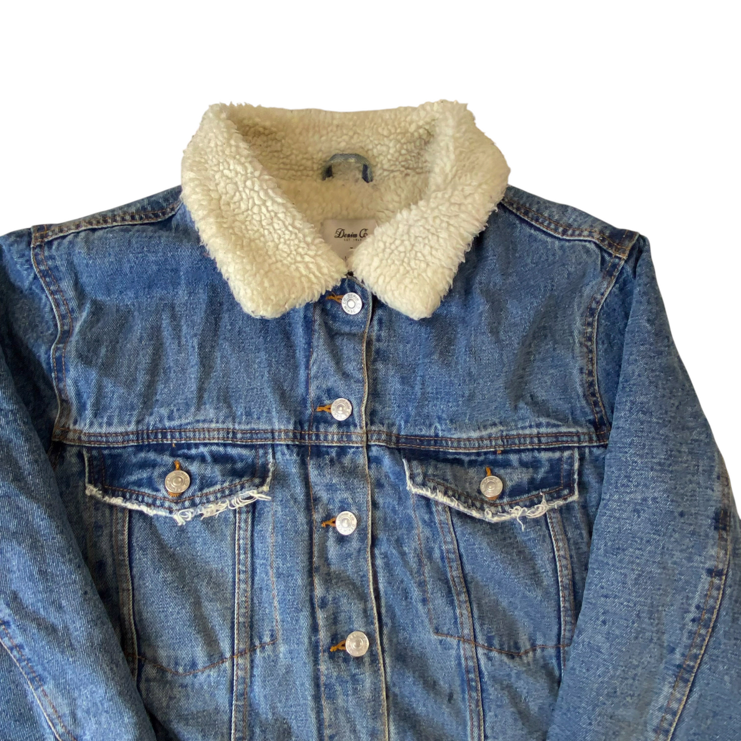 Denim & Co. Trucker Jacket Womens L Blue Cozy Sherpa Lined Collared Button Up