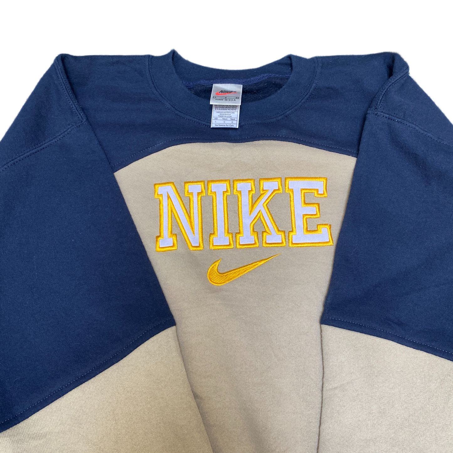 Nike Reworked Sweatshirt Mens Large Navy Beige Embroidered Spellout Logo Vtg Y2K