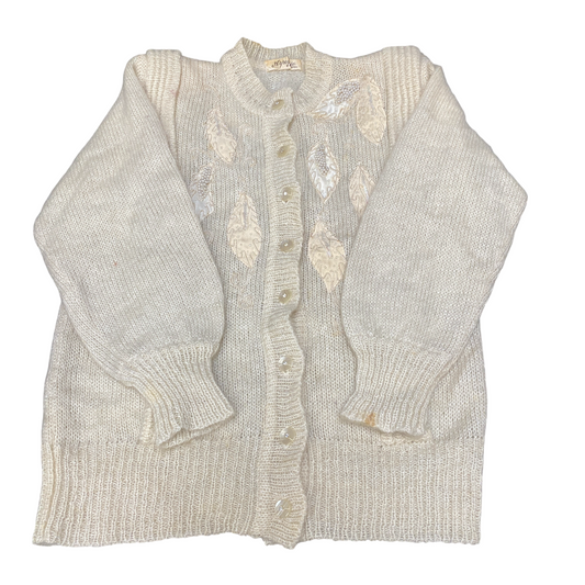 Arpeggio by Bonsoie Cardigan Jumper Womens M Cream Beaded Leaf Pastel Button-Up