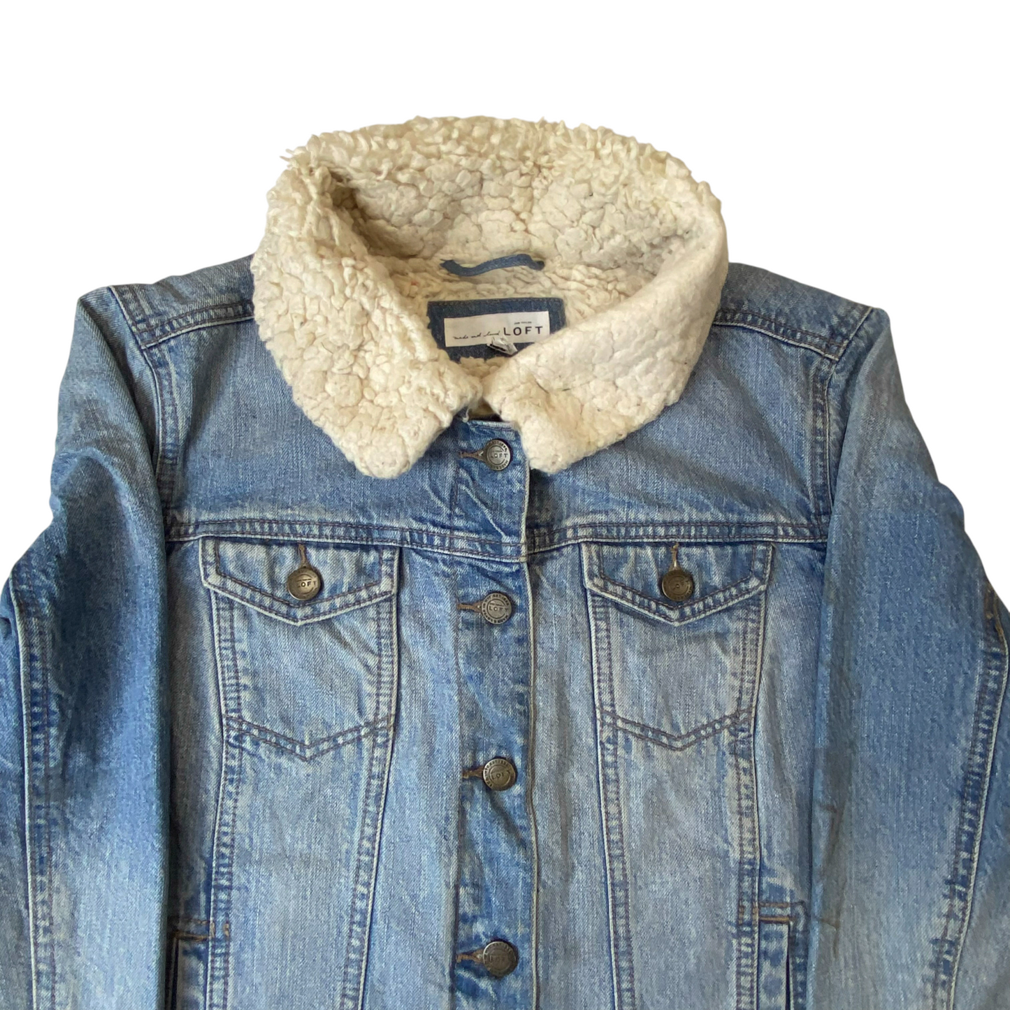 LOFT Denim Trucker Jacket Womens Medium Blue Sherpa Lined Collared Button Front