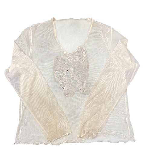 Sheer Mesh Top S Womens White Cat Rhinestone Long Sleeve V-Neck Pullover Outdoor