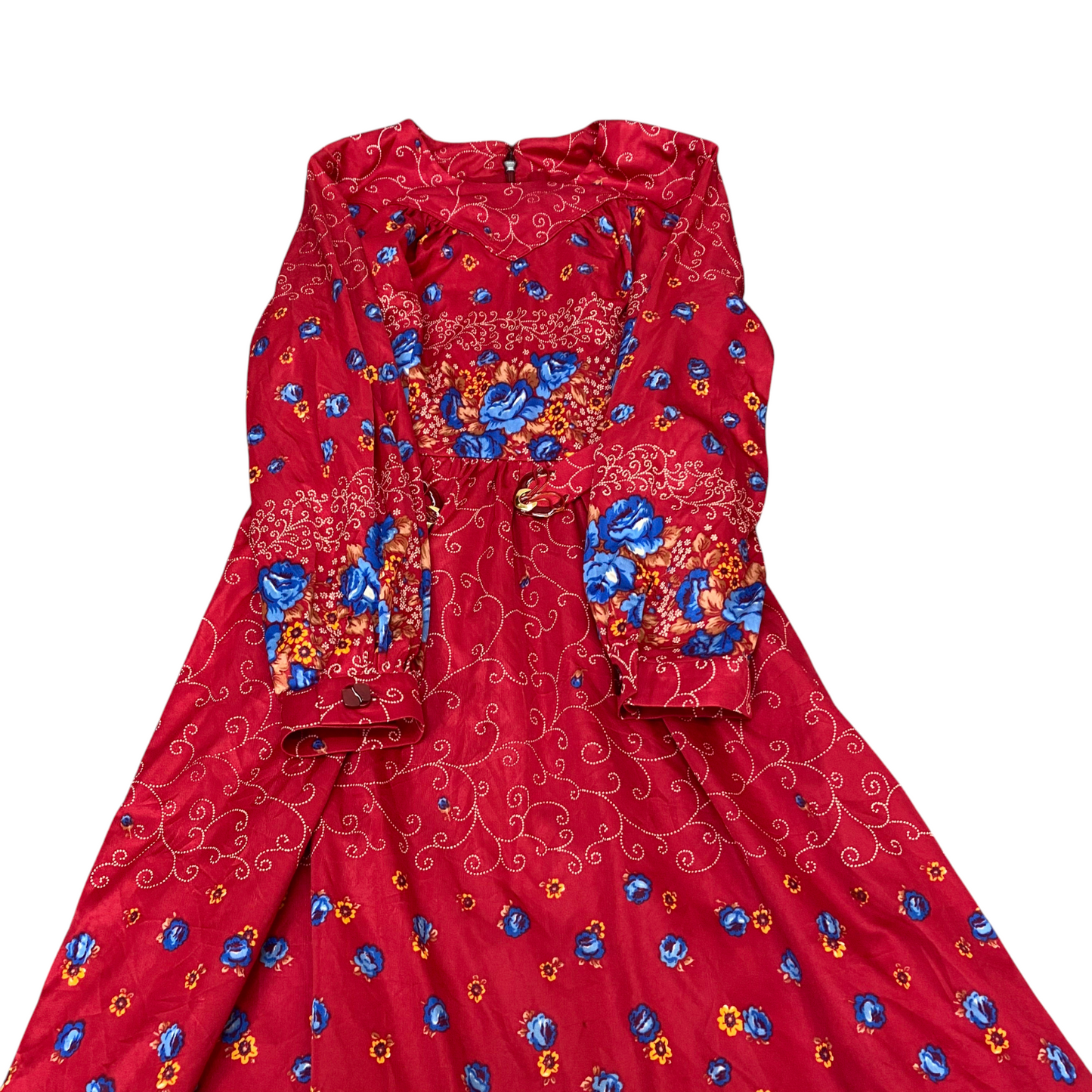 A Line Dress Womens S Red Floral Pleated Belted Long Sleeve Round Neck Back Zip