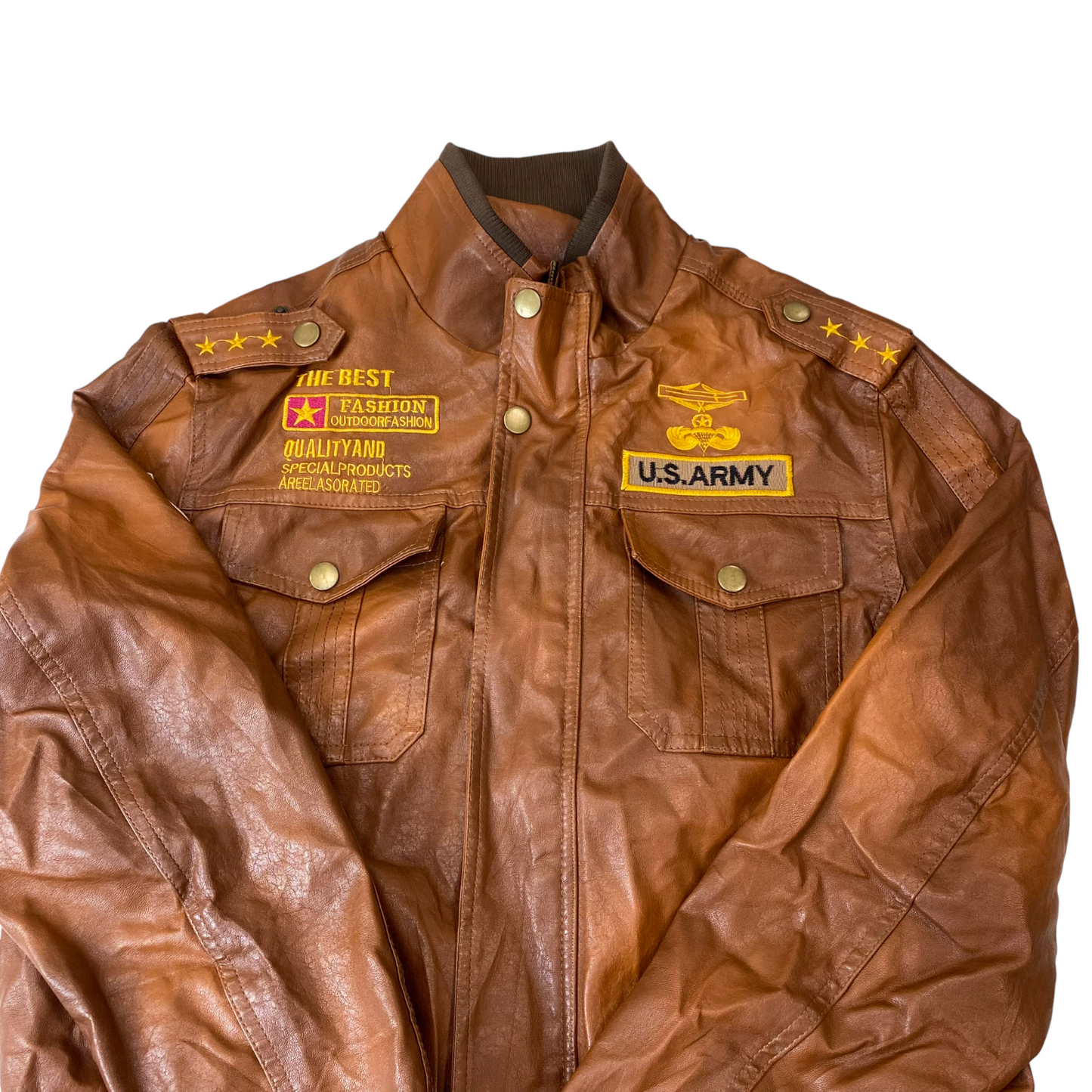 U.S. Army Jacket Mens M Brown Genuine Leather Detailed Pockets Long Sleeve