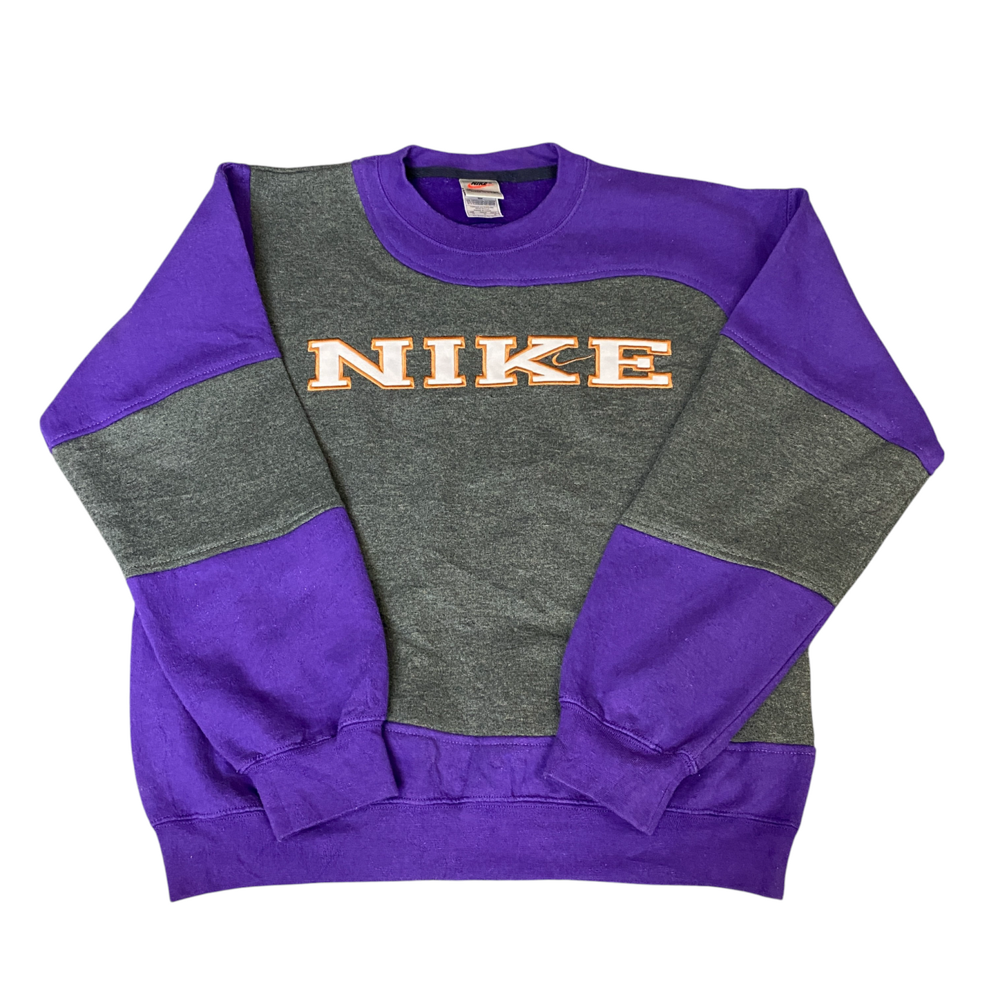 Nike Reworked Sweatshirt Men M Grey Purple Embroidered Spellout Logo Vintage Y2K