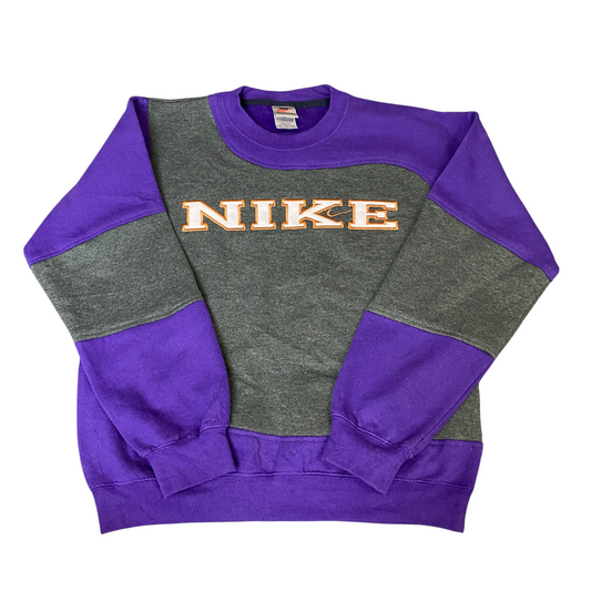 Nike Reworked Sweatshirt Men M Grey Purple Embroidered Spellout Logo Vintage Y2K