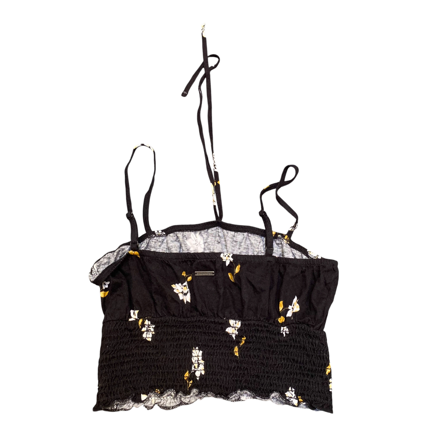 Billabong Cropped Top Womens M Black Floral Smocked Ruffled Hem Spaghetti Straps