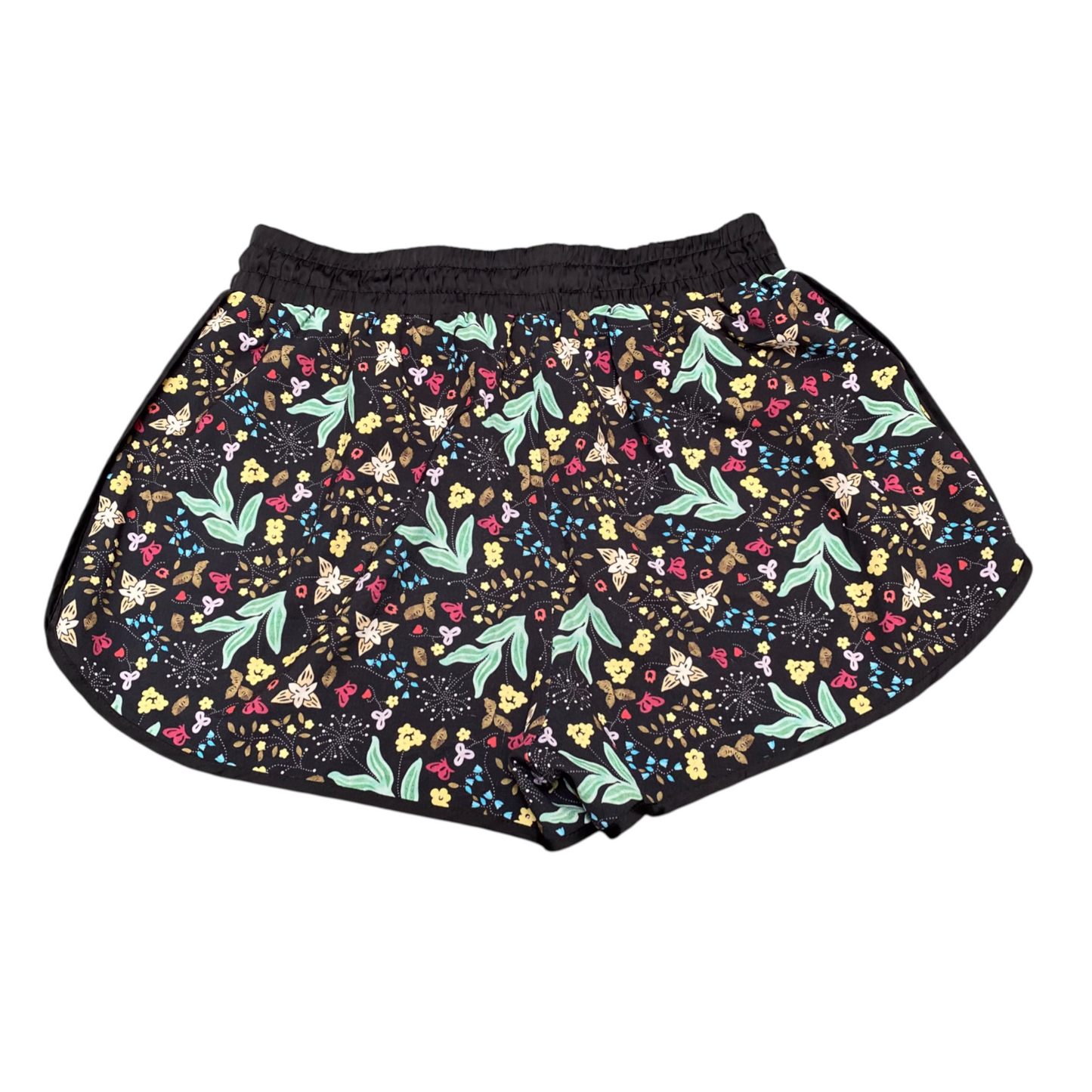 BKUL Running Sprinter Shorts Womens 28W Black Floral Elastic Waist Dolphin Hem