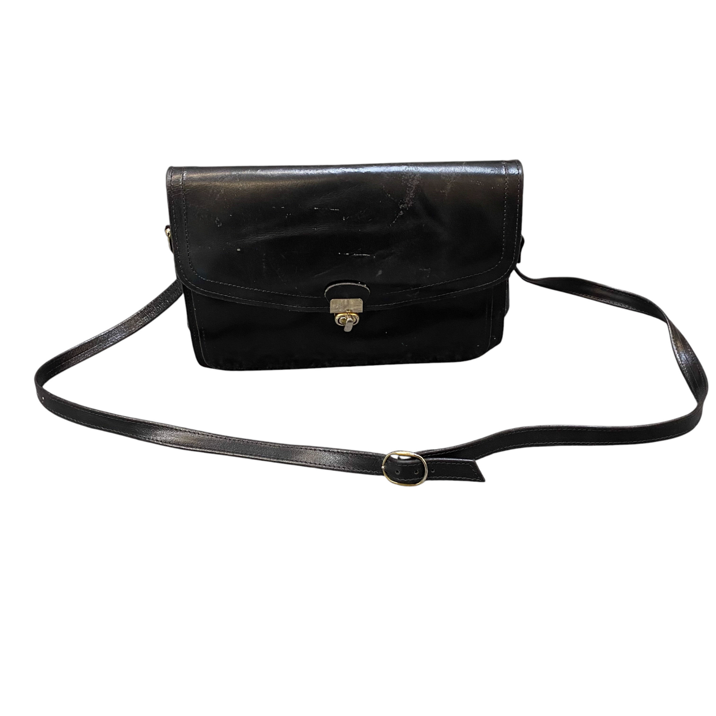 Womens Crossbody Bag Black Leather Adjustable Buckle Strap Turn-Lock Closure