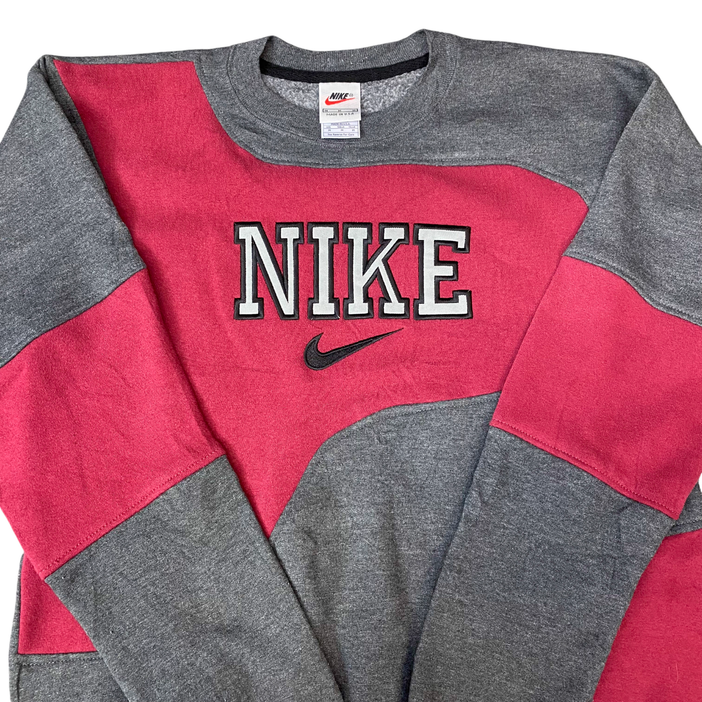 Nike Reworked Sweatshirt Mens M Red Grey Embroidered Spellout Logo Vintage Y2K