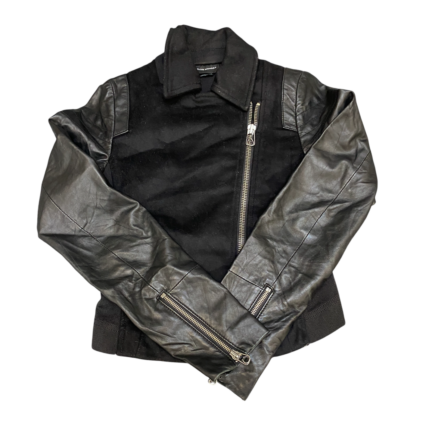 Club Monaco Leather Motorcycle Jacket Womens 2XS Black Collared Asymmetrical Zip
