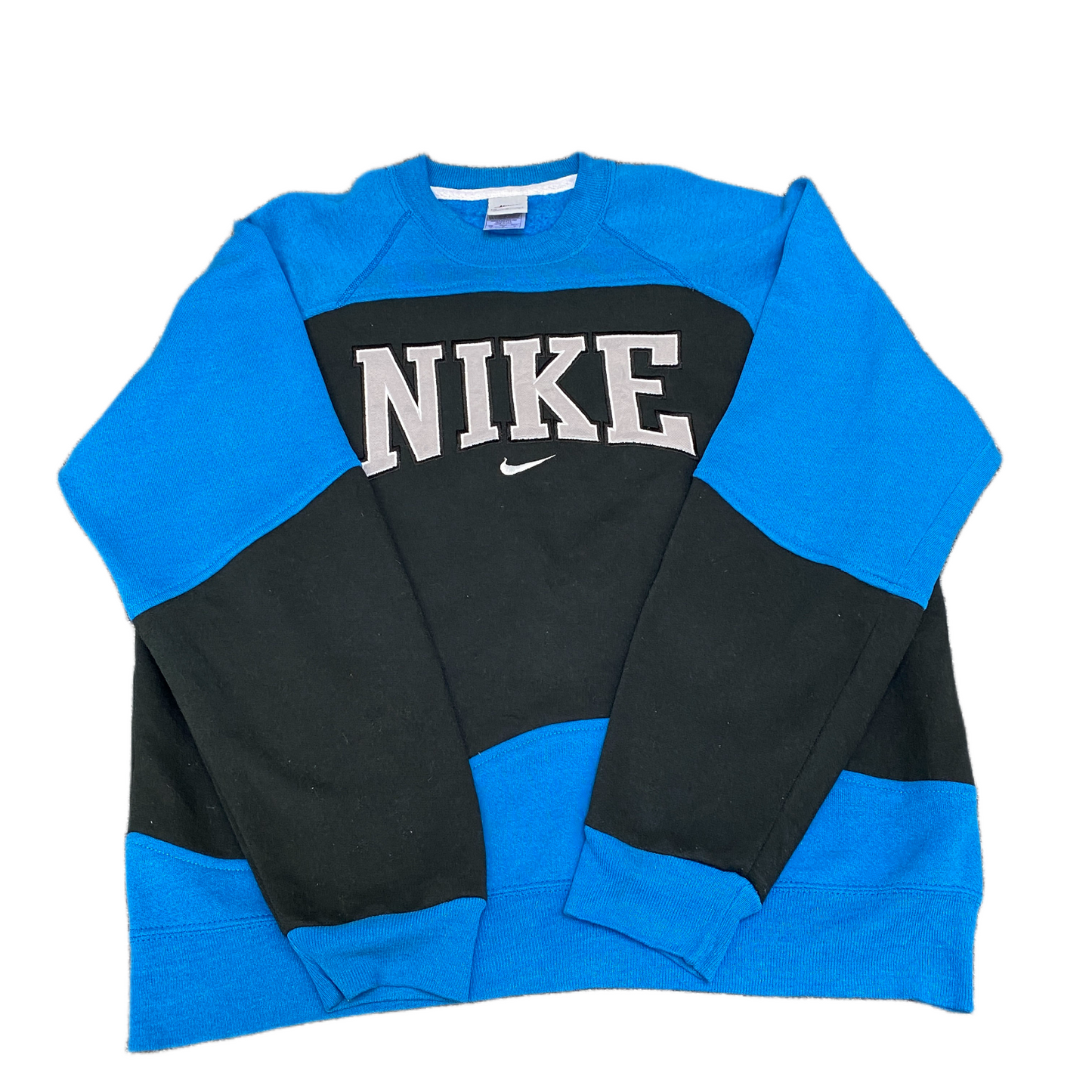 Nike Reworked Sweatshirt Mens M Black Blue Embroidered Spellout Logo Vintage Y2K
