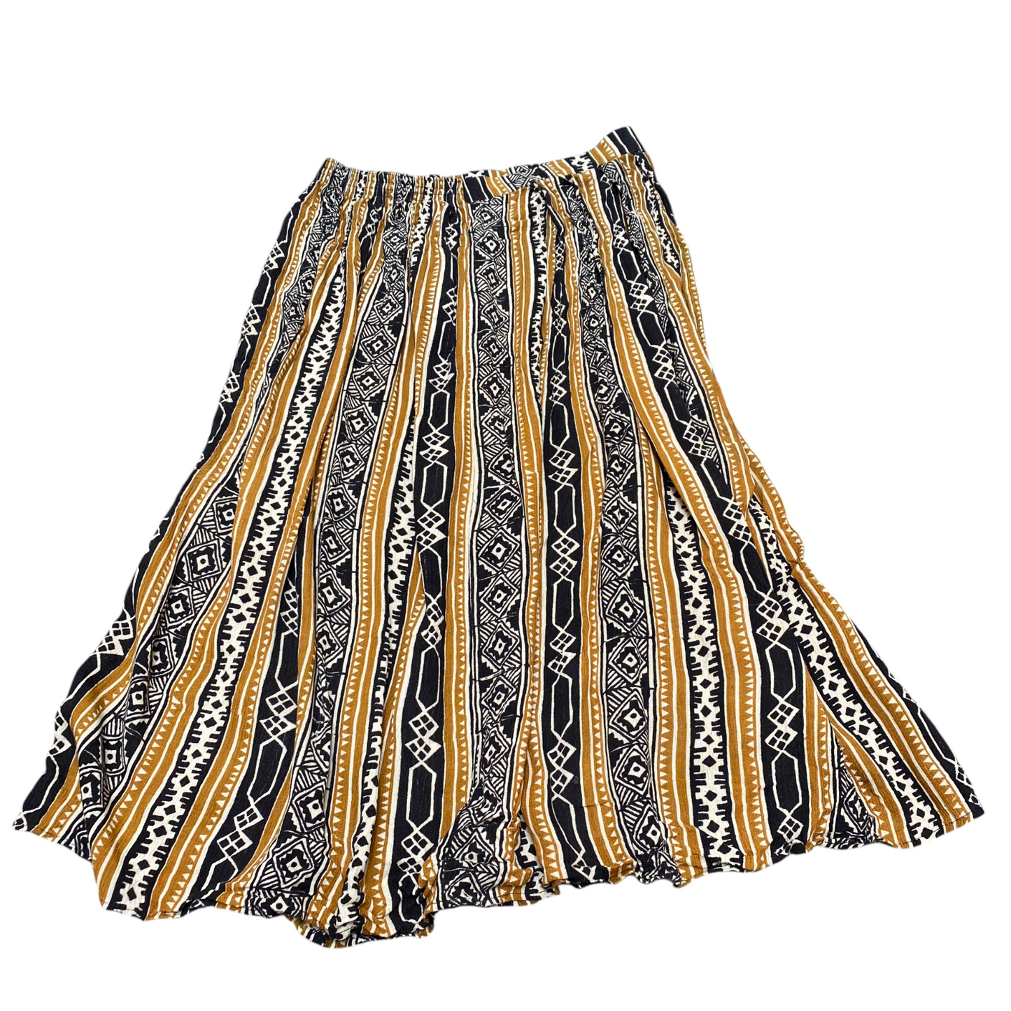 Womens Maxi Skirt M Black Yellow Aztec Print Knee Length Pleated Elastic Waist