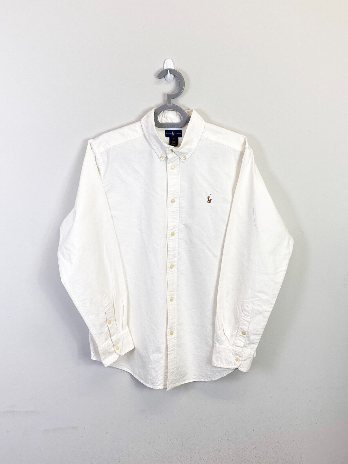 Ralph Lauren Dress Shirt Men Medium White Long Sleeve Small Brown Polo Pony Logo