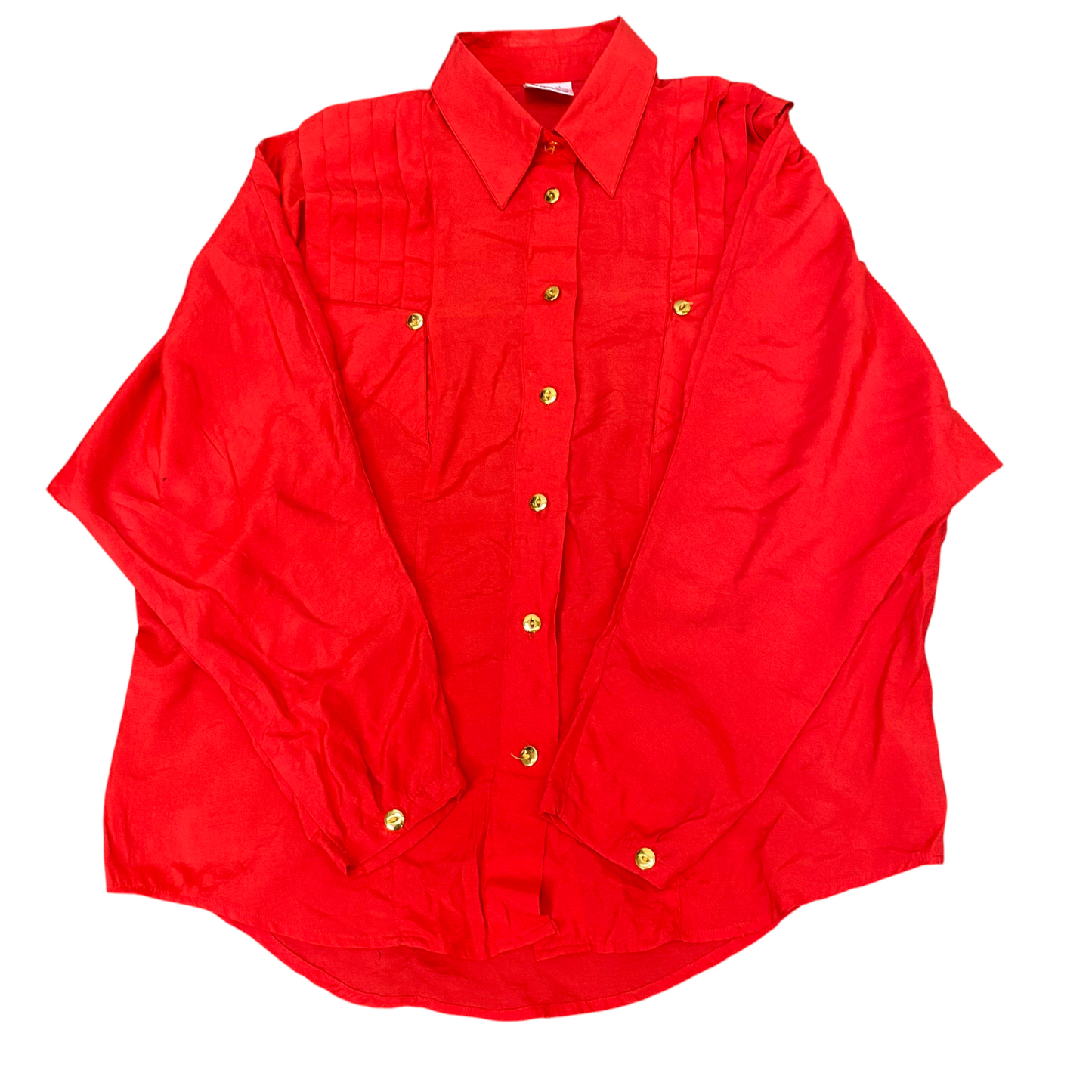 Shirt Top Womens L Red Collared Casual Long Sleeve Pleated Button Down Outdoor