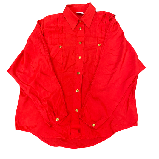 Shirt Top Womens L Red Collared Casual Long Sleeve Pleated Button Down Outdoor