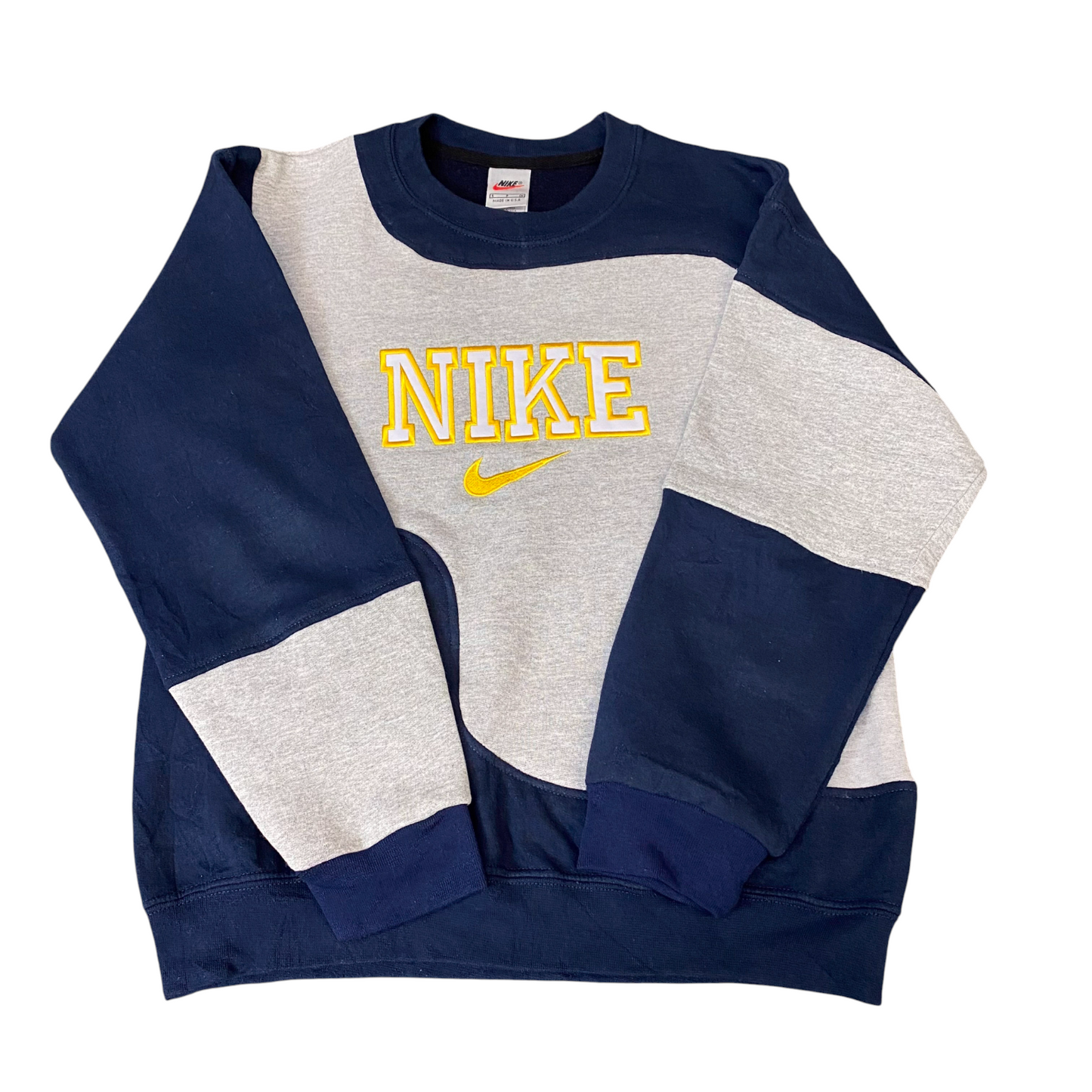 Nike Reworked Sweatshirt Mens S Blue Grey Embroidered Spellout Logo Vintage Y2K