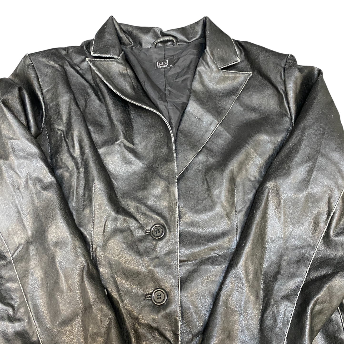 Saix Leather Blazer Jacket Womens XL Black Lined Notch Lapel Single Breasted