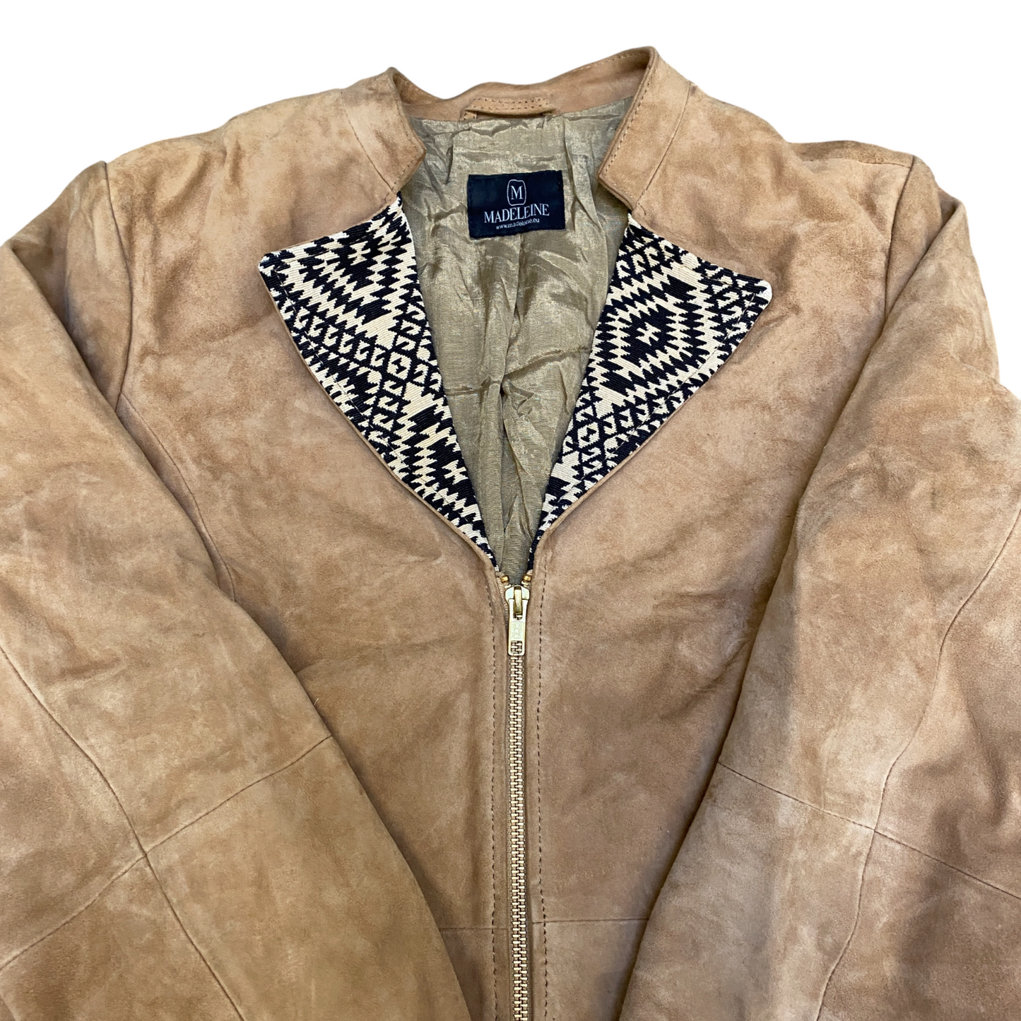 Madeleine Suede Leather Biker Jacket Women Medium Brown Lined Boho Collar Zip Up