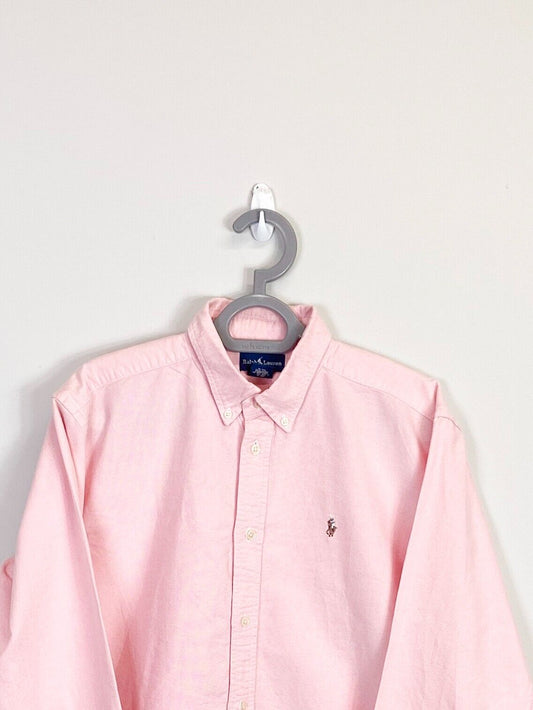 Ralph Lauren Dress Shirt Mens M Pink Cotton Casual Small Brown Polo Pony Logo