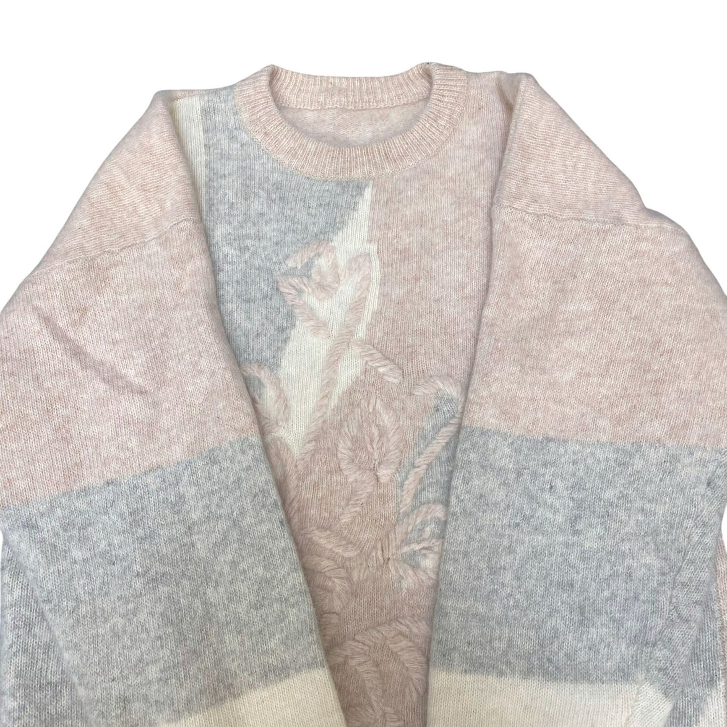 Jumper Womens Medium Pink Grey Embroidered Floral Warm Winter Crew Neck Pullover