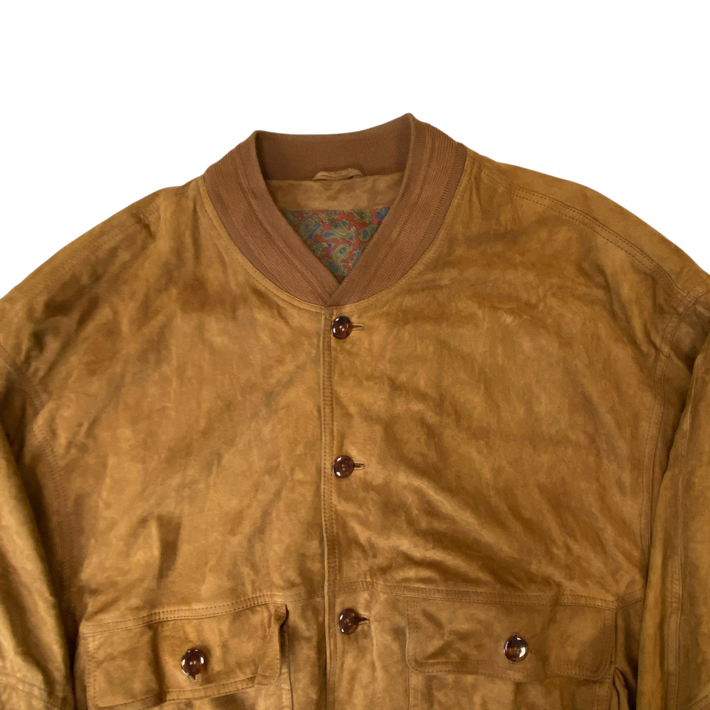 Bomber Jacket Mens Large Brown Suede Leather Pockets Long Sleeve Button Front