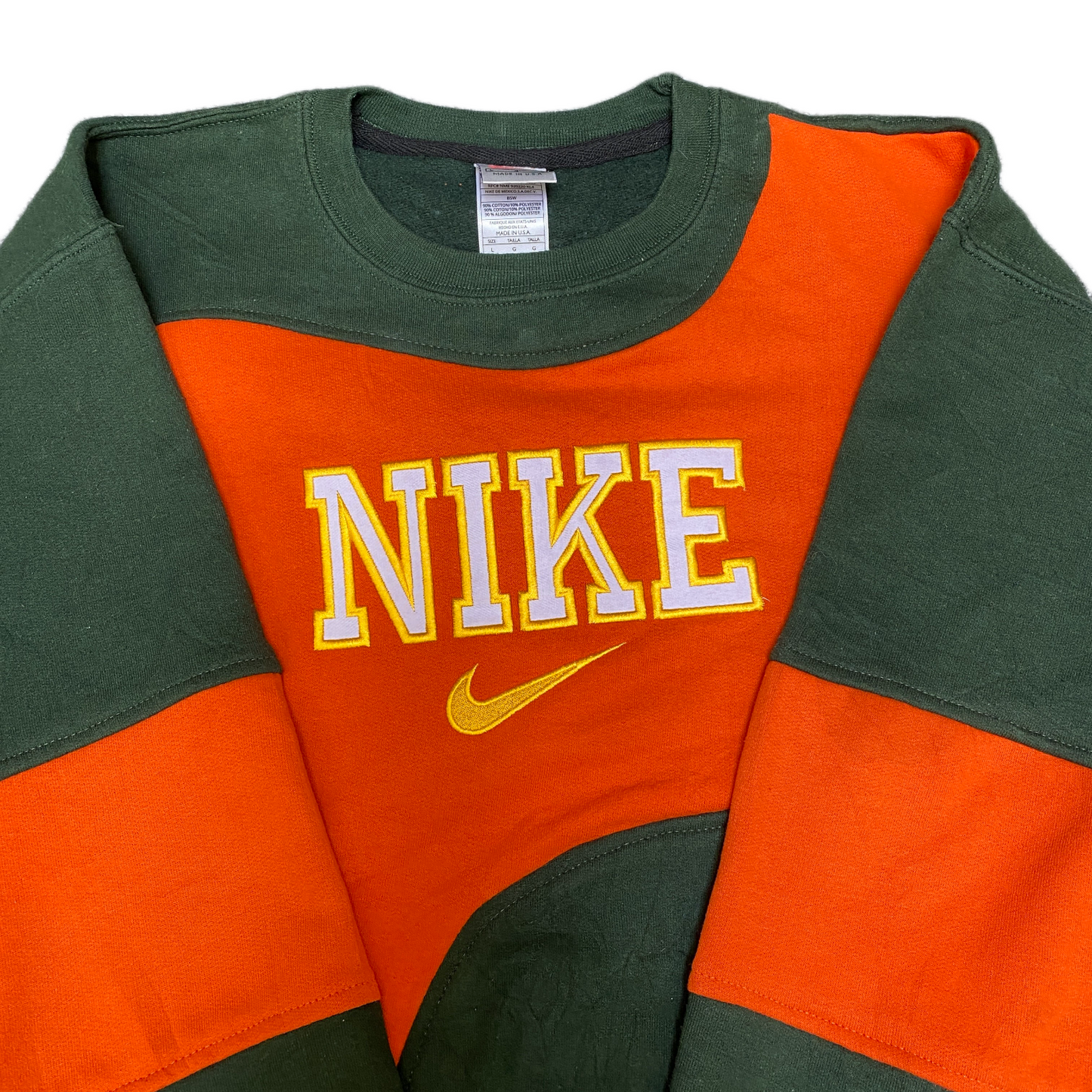 Nike Reworked Sweatshirt Mens L Orange Green Embroidered Spellout Logo Vtg Y2K