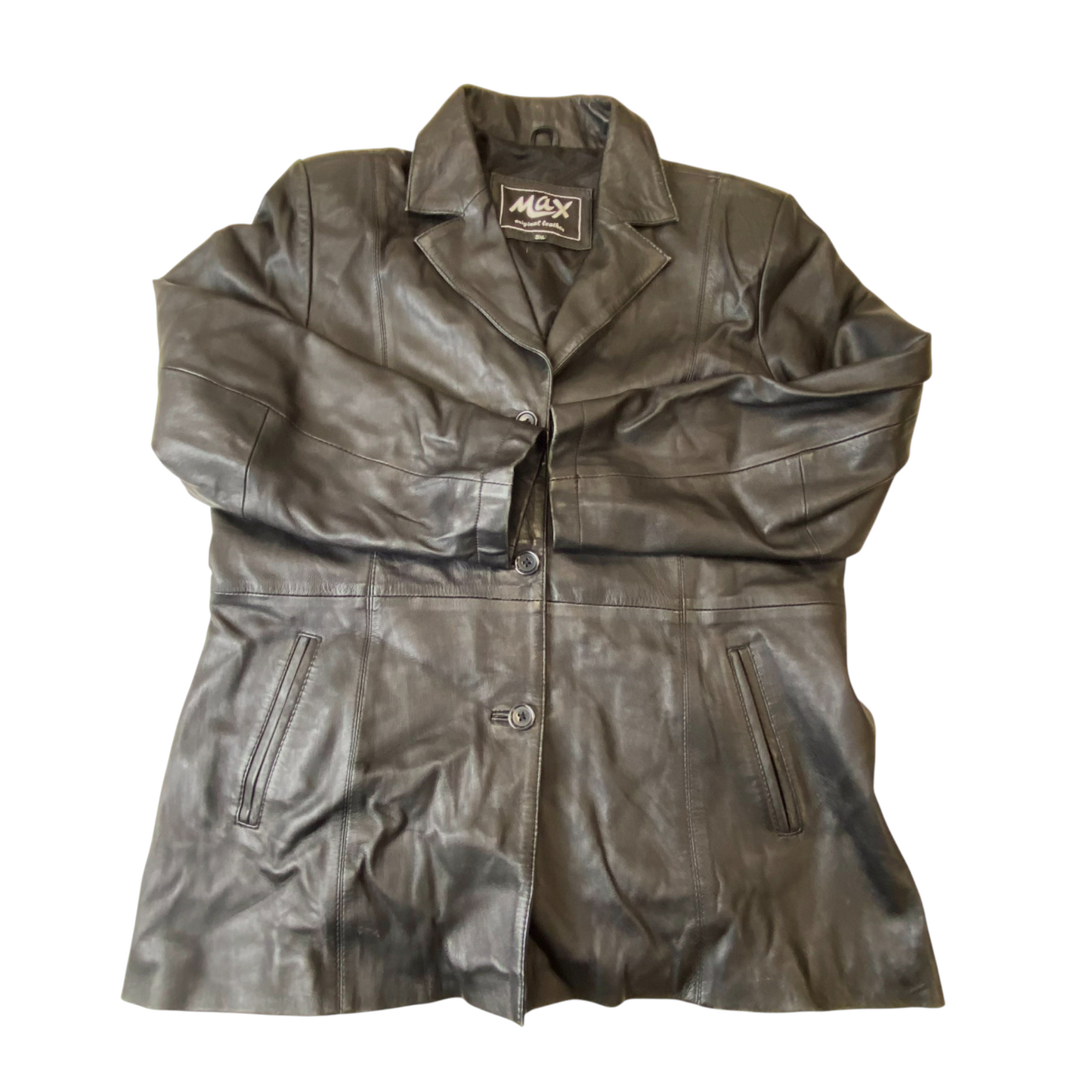 Max Original Leather Blazer Jacket Womens 3XL Black Notch Lapel Single Breasted