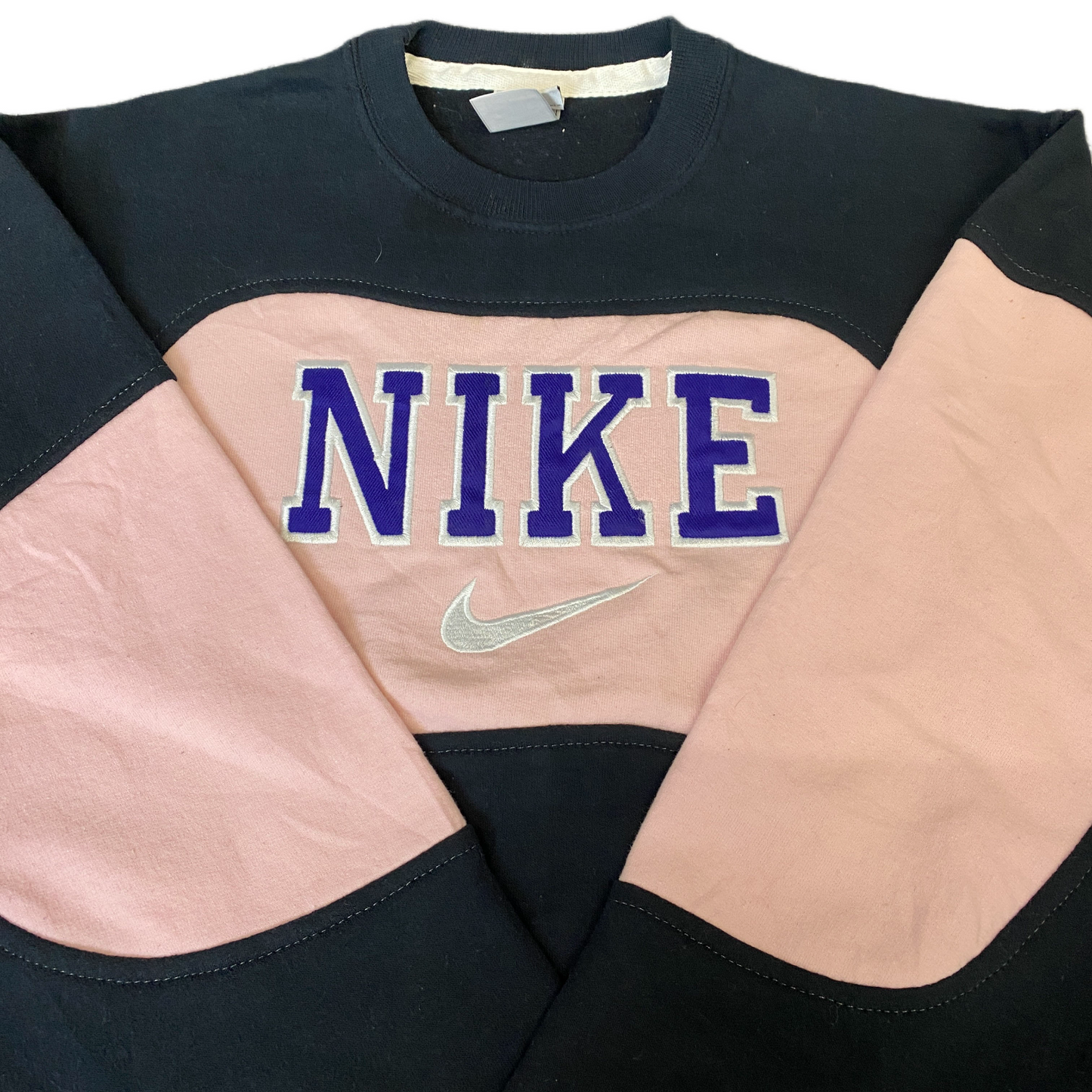 Nike Reworked Sweatshirt Mens S Black Pink Embroidered Spellout Logo Vintage Y2K