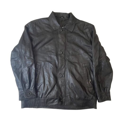 Mens Faux Leather Bomber Jacket Medium Black Long Sleeve Collared Button Front