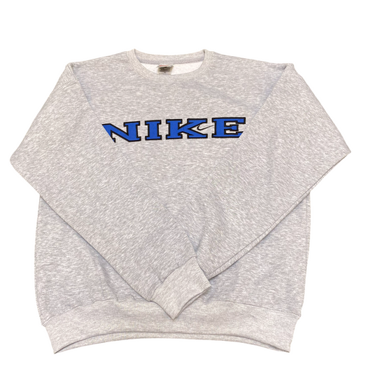 Nike Reworked Sweatshirt Mens Small Grey Embroidered Spellout Logo Crew Neck
