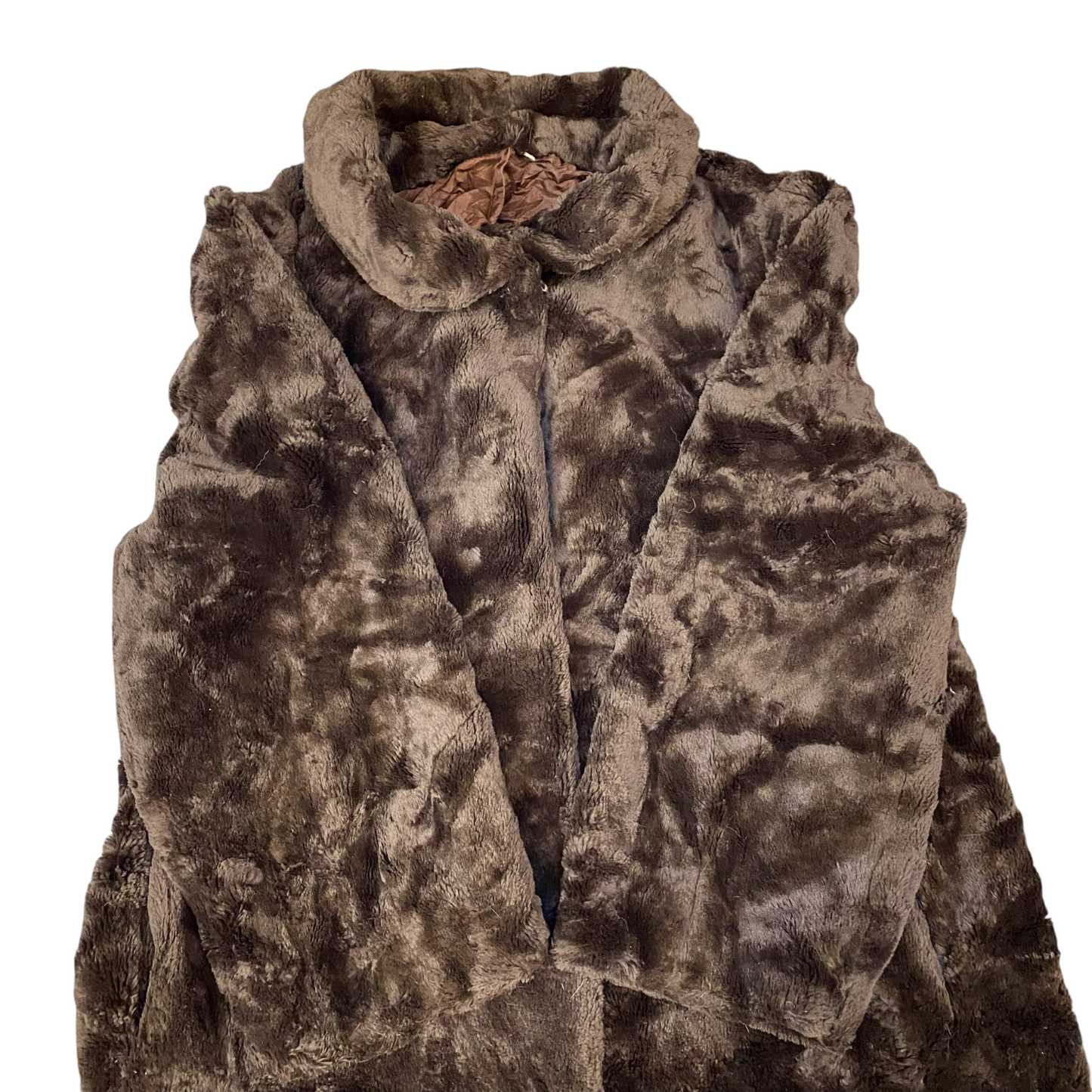 Womens Faux Fur Coat Large Brown Lined Plush Mid Length Long Sleeve Collared