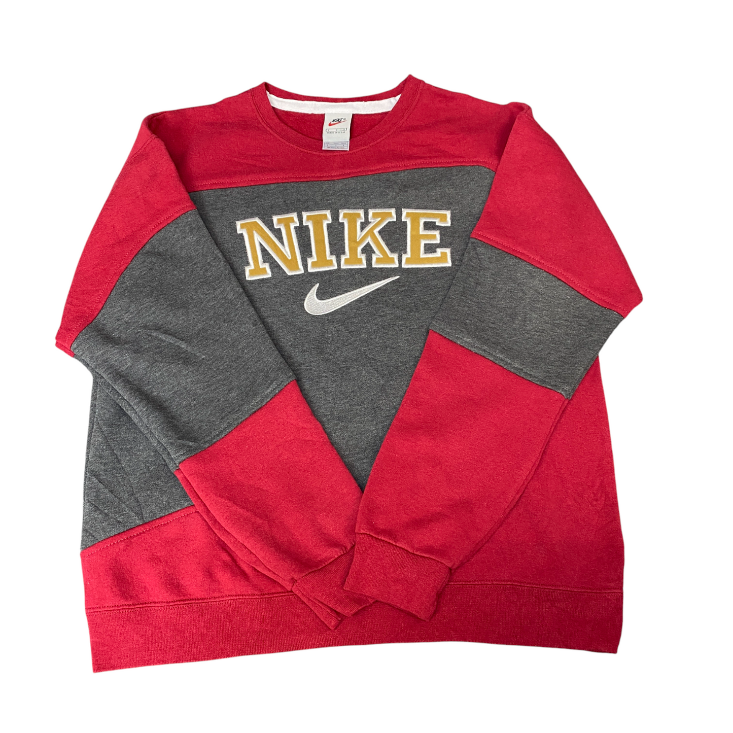 Nike Reworked Sweatshirt Mens Small Red Grey Embroidered Spellout Logo Vtg Y2K