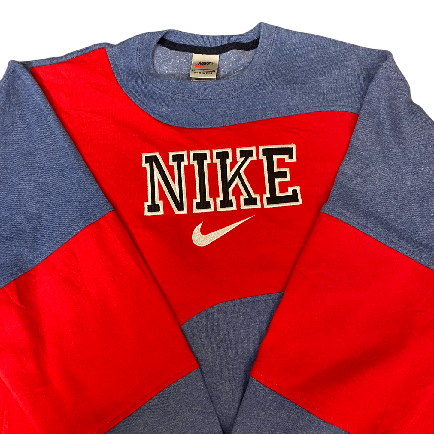Nike Reworked Sweatshirt Mens Large Red Blue Embroidered Spellout Logo Vtg Y2K