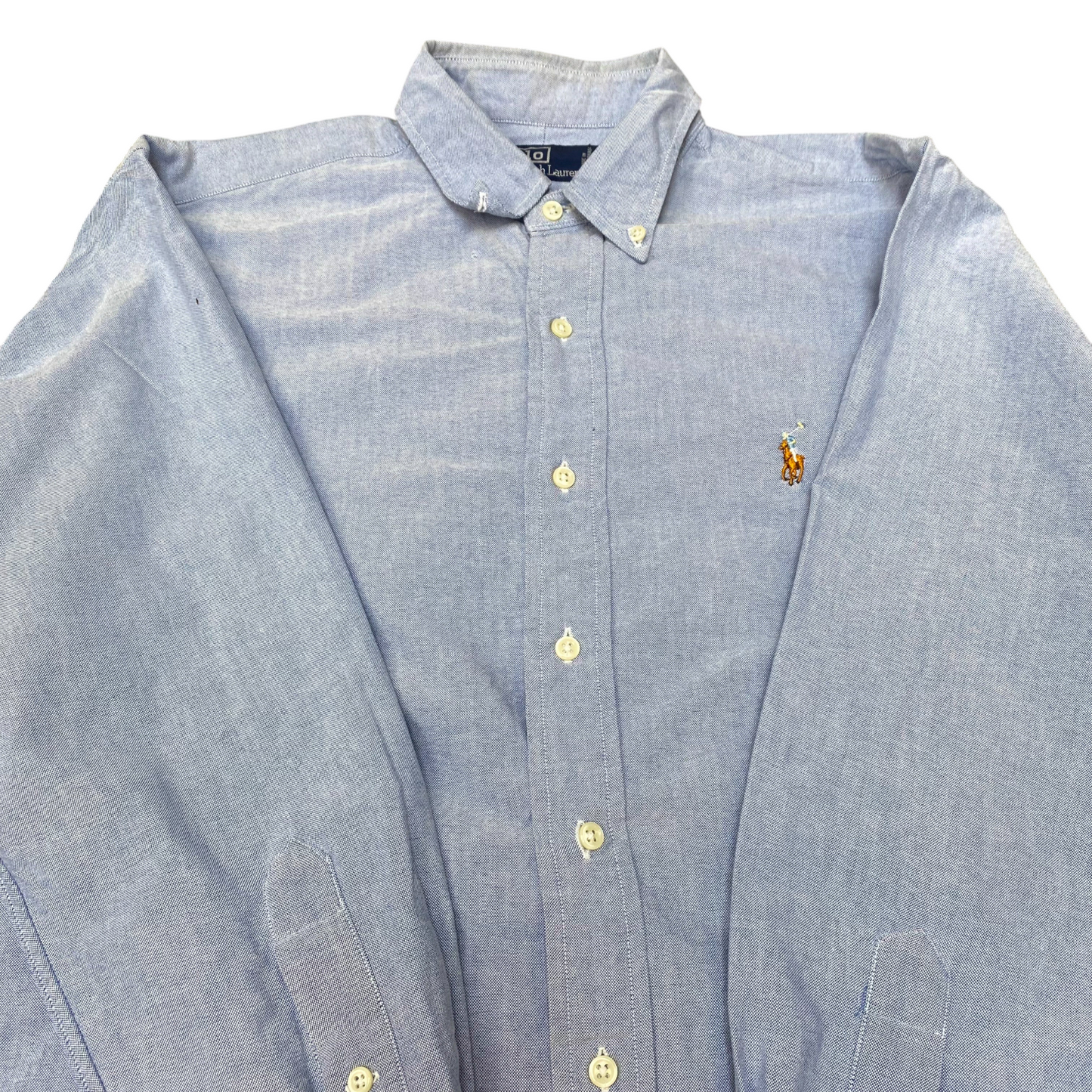 Polo Ralph Lauren Formal Shirt Mens L Blue Long Sleeve Brown Pony Button Down