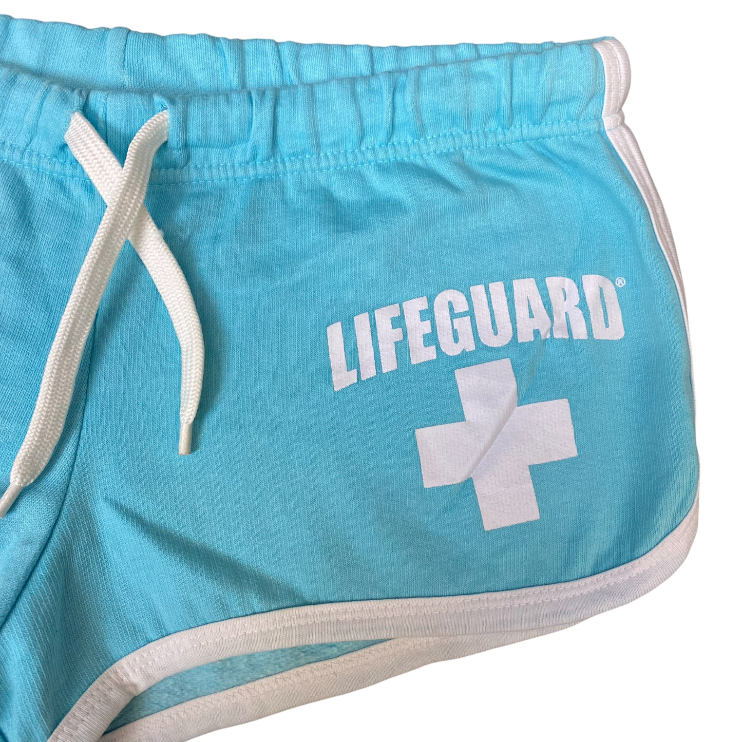 Running Sprinter Hi-Cut Shorts Womens Large Blue Drawstring Waist Dolphin Hem