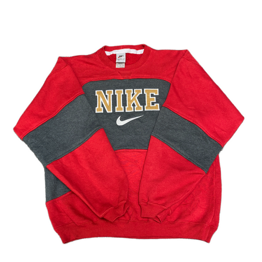 Nike Reworked Sweatshirt Mens M Red Grey Embroidered Spellout Logo Vintage Y2K
