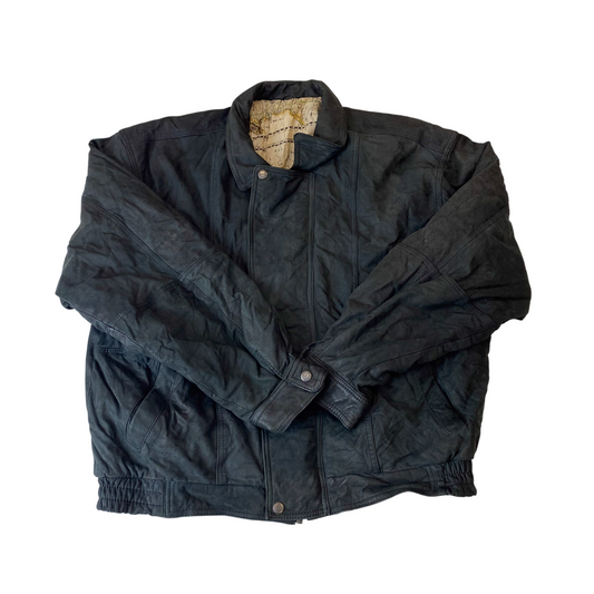 Bomber Jackets Mens L Black Genuine Leather Snap Front Pockets Long Sleeve