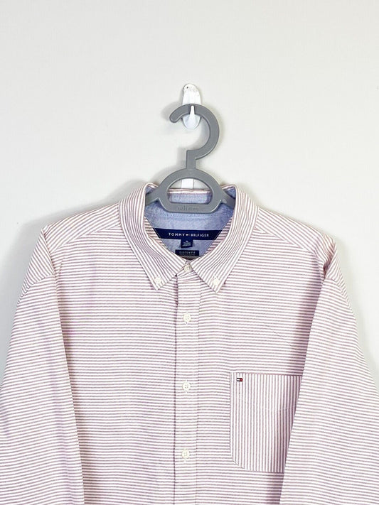 Tommy Hilfiger Shirt Mens XL Red Striped Custom Fit Logo Tag Casual Button-Down