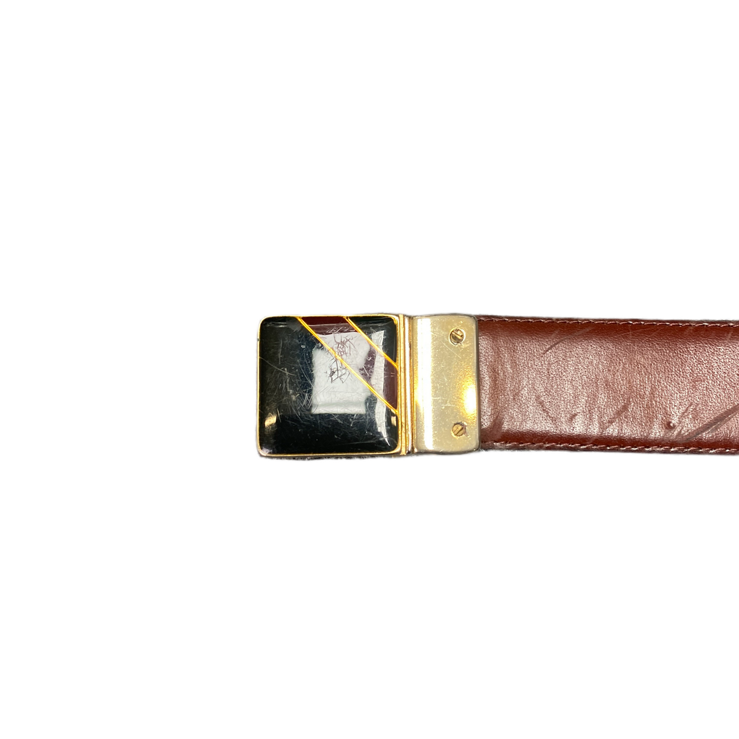 Vintage Waist Belt Mens Brown Leather Gold Tone Black Enamel Buckle 43 inches