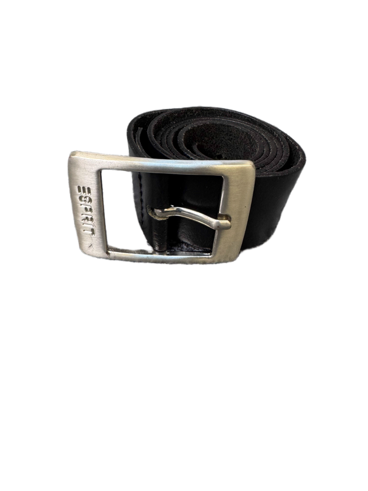Esprit Waist Belt Womens Black Leather Embossed Logo Silver Pin Buckle 39 inches
