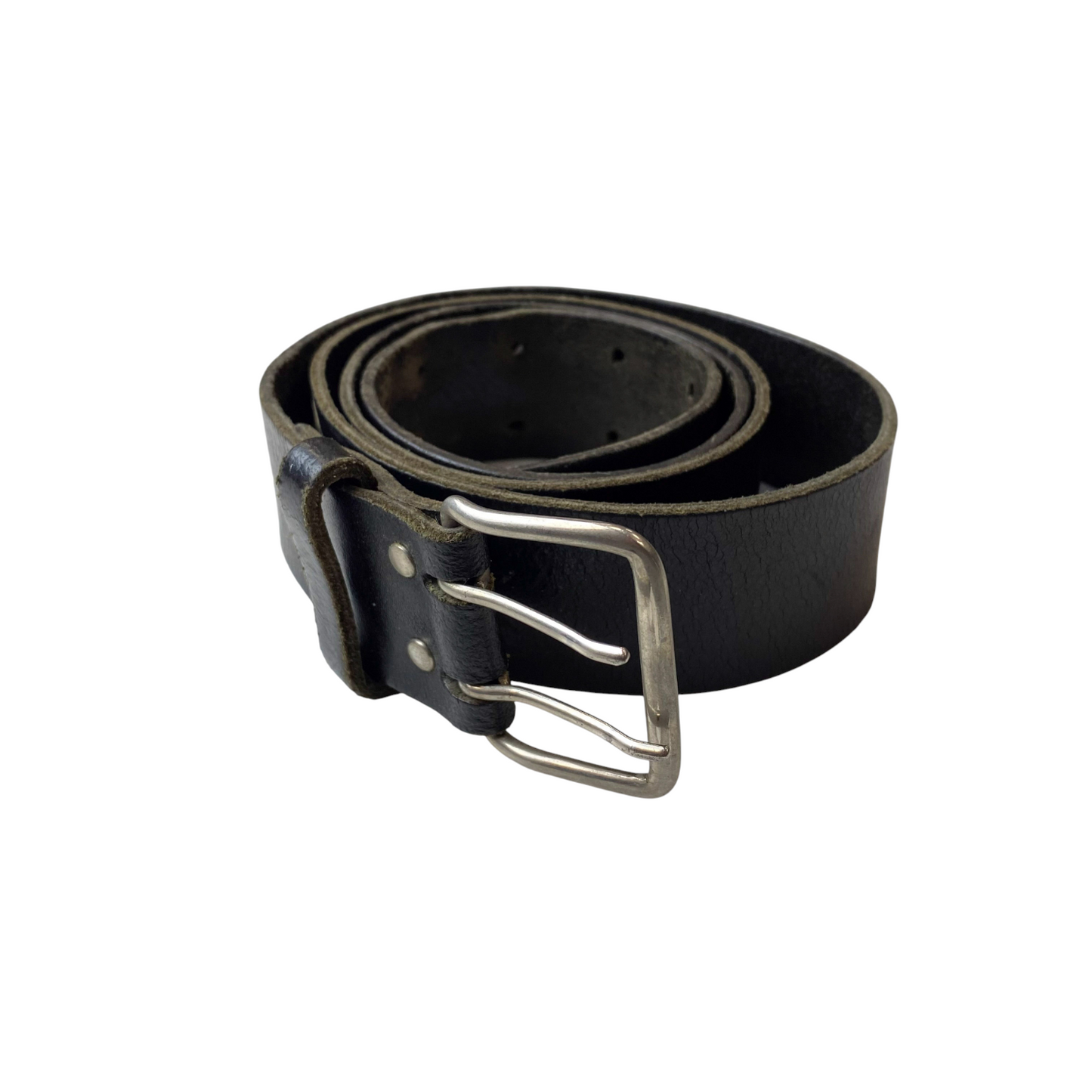 Mens Casual Waist Belt Black Leather Adjustable Double Pin Buckle Size 44.5 in
