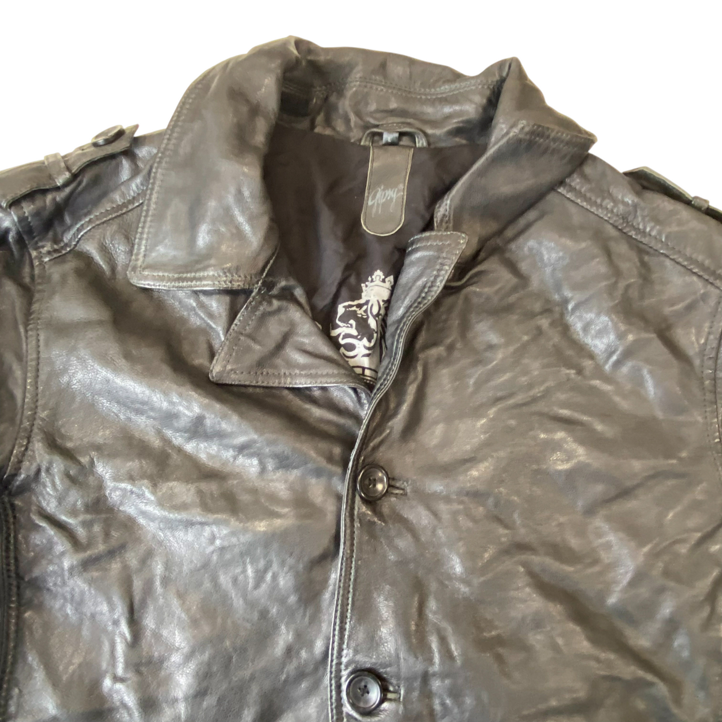 Gipsy Faux Leather Jacket Mens Small Black Lined Long Sleeve Collared Button Up