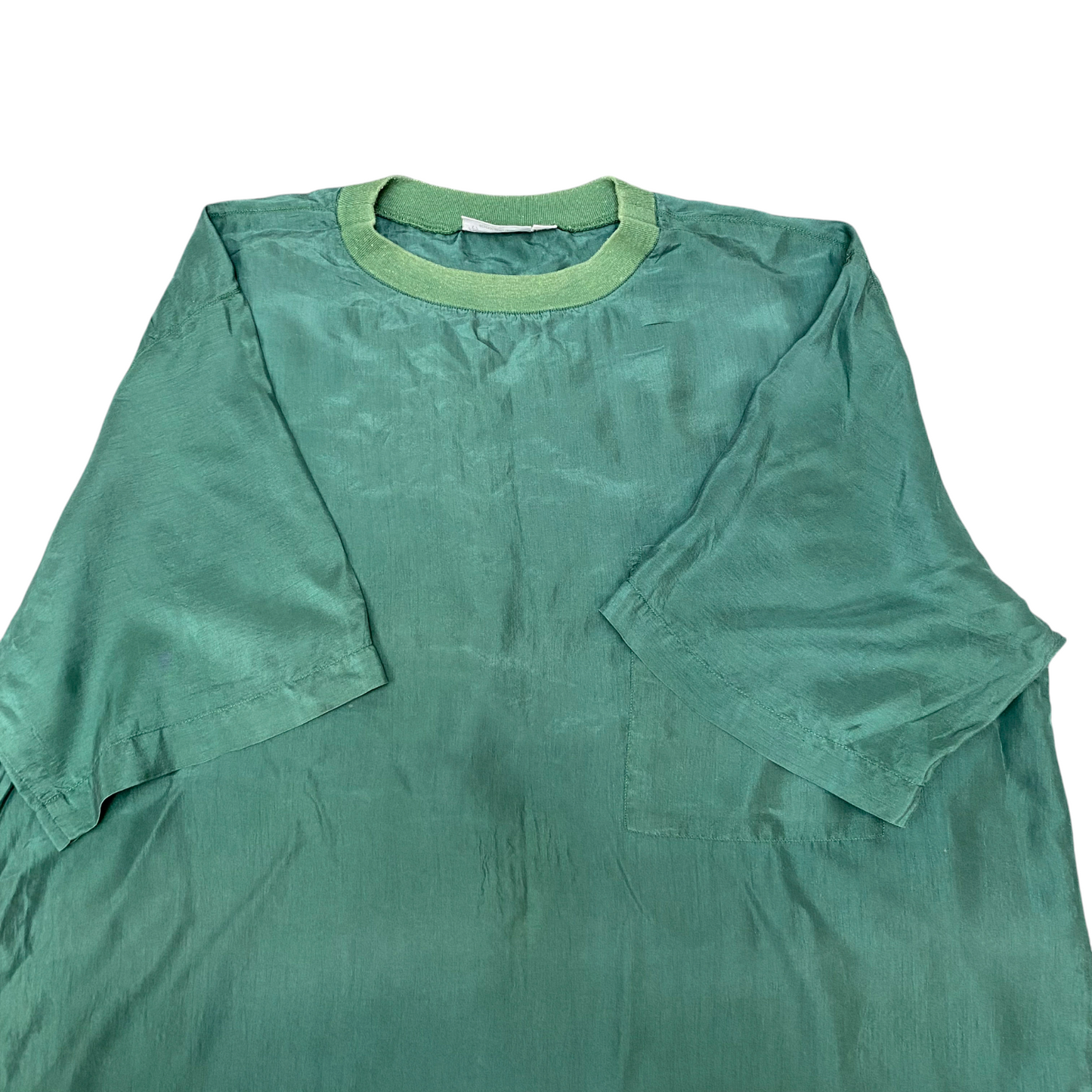 Blouse Top Womens M Green Satin Casual Short Sleeve Crew Neck Comfort Pullover
