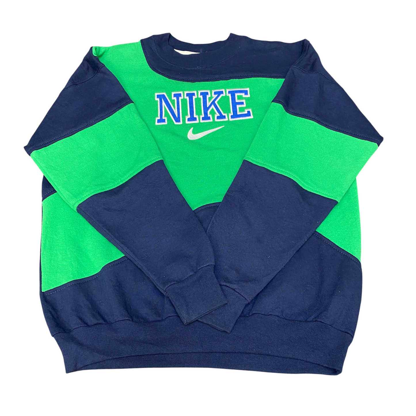 Nike Reworked Sweatshirt Mens L Navy Grey Embroidered Spellout Logo Vintage Y2K