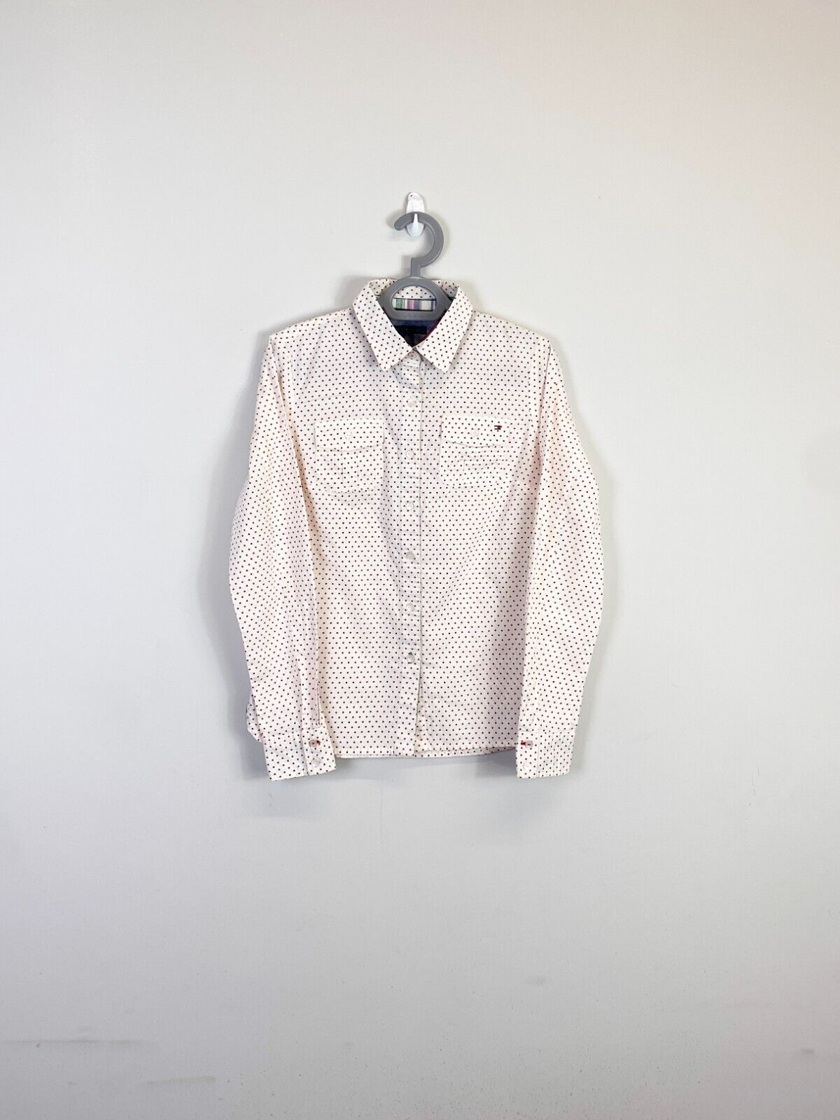 Tommy Hilfiger Shirt Women XS White Red Polka Dot Detailed Pockets Button Down