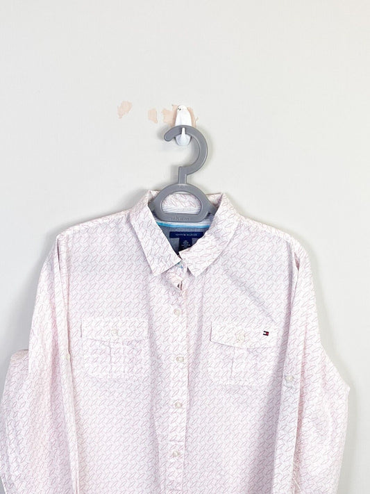 Tommy Hilfiger Shirt Womens Large Pink Textured Flap Pockets Casual Button Down