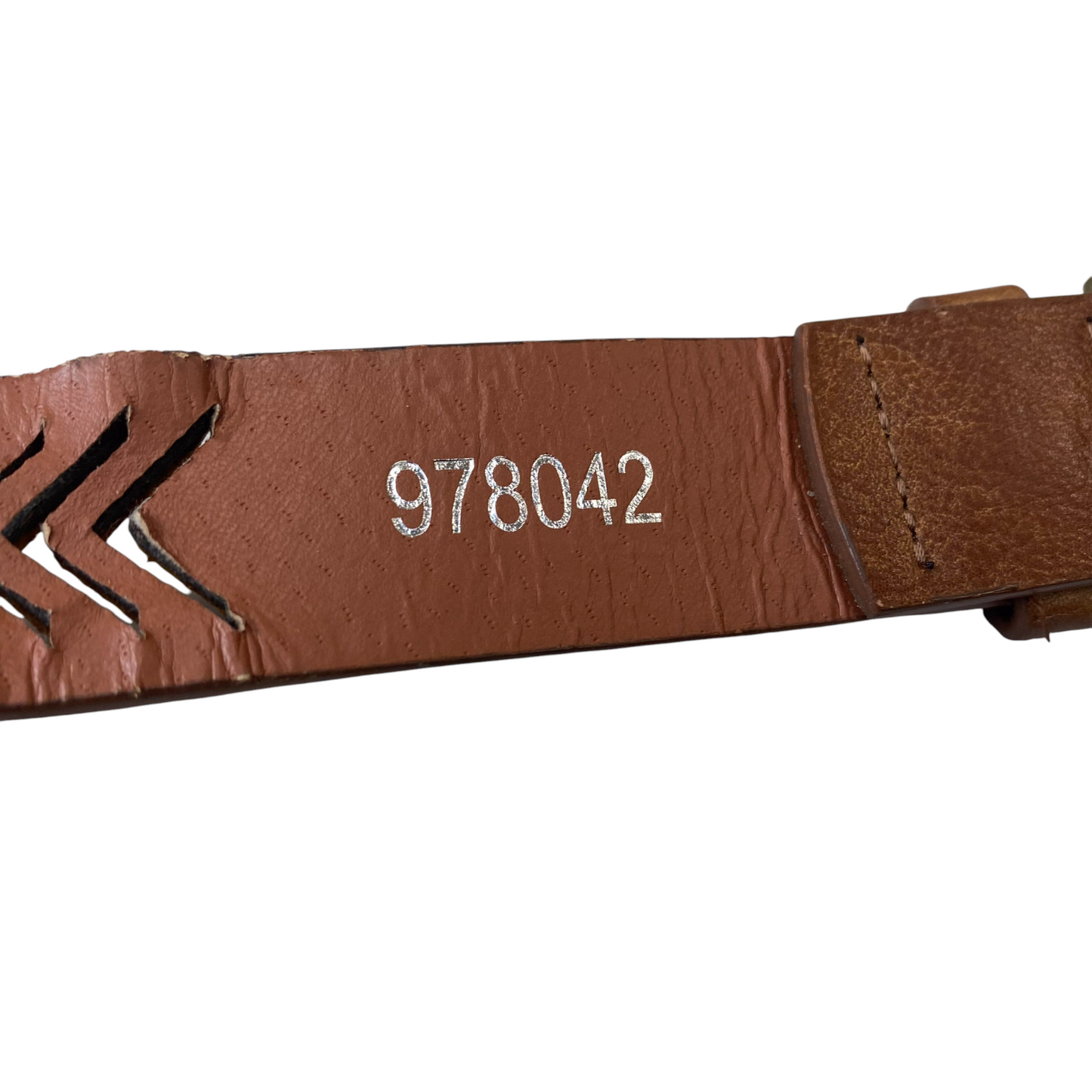 Women's Waist Belt Brown Leather Cutout Chevron Brass Pin Buckle Size 39.5 in